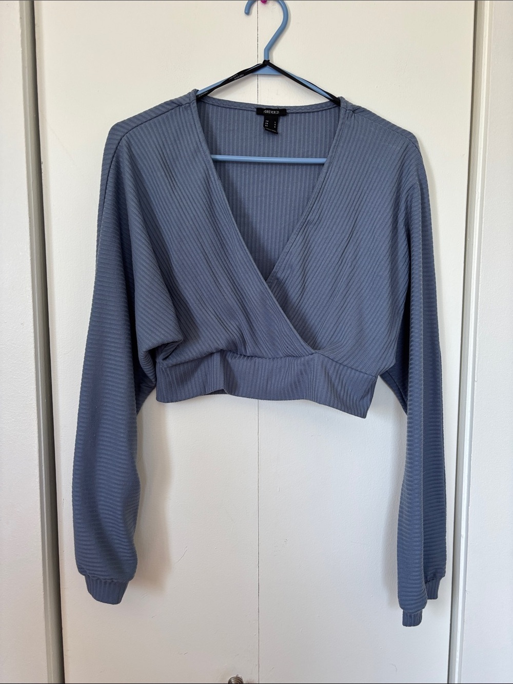 🎉4/30$🎉 Forever 21 Ribbed Wrap Cropped Long-Sleeve Top - Slate Blue